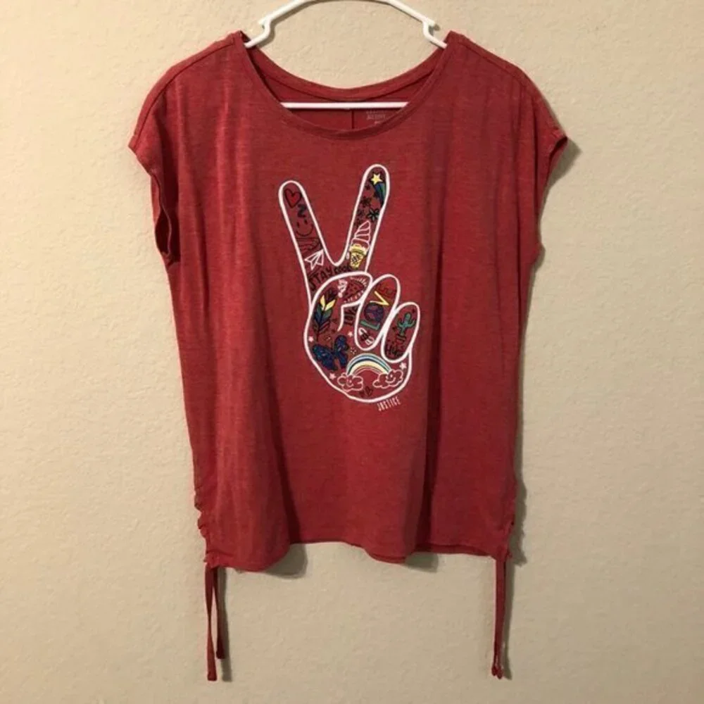 Justice Active Shirt Red Peace Sign Boho Hippie